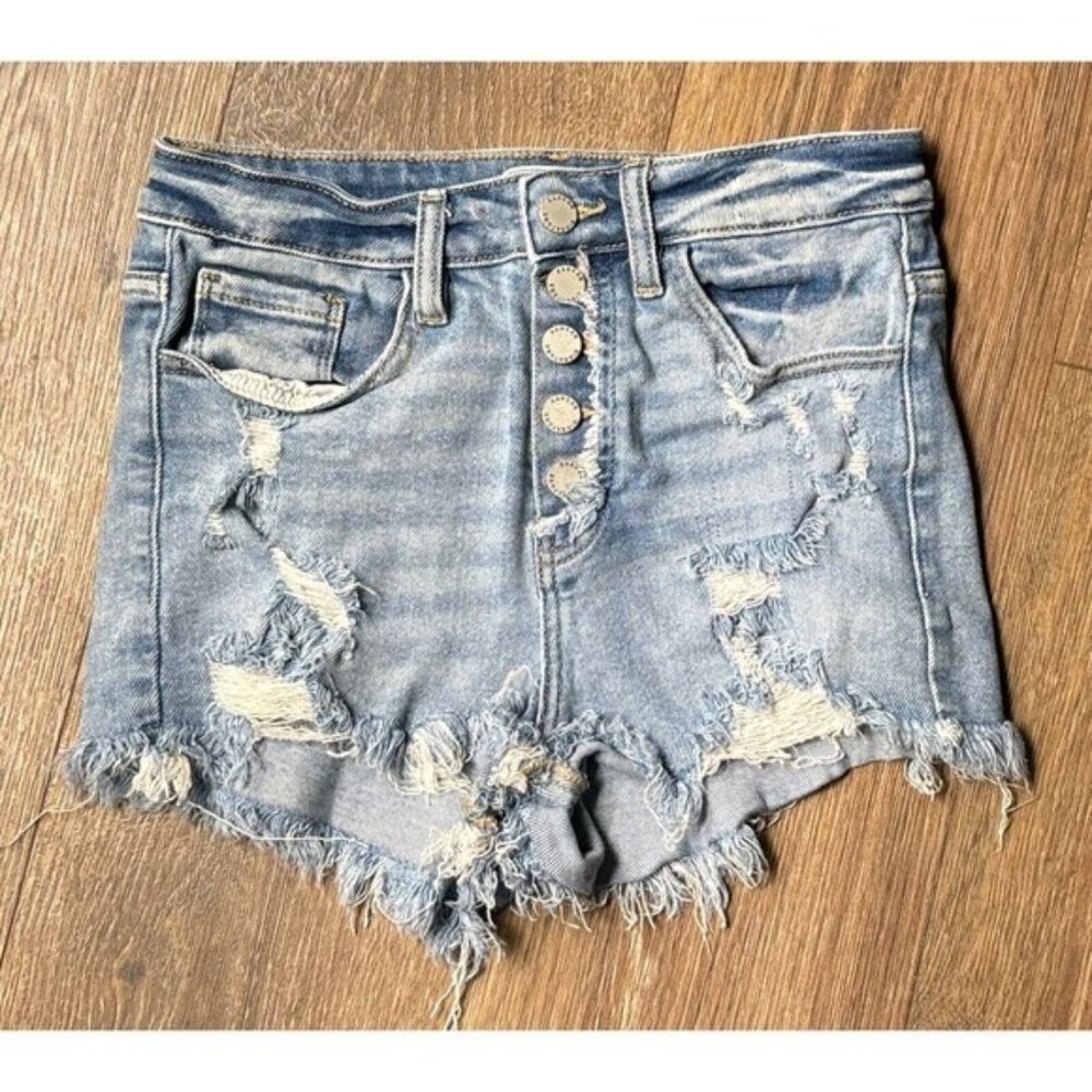 KANCAN Destroyed Denim Ultra High Rise Button-Fly‎ FRAYED BLUE JEAN Shorts Sz 27